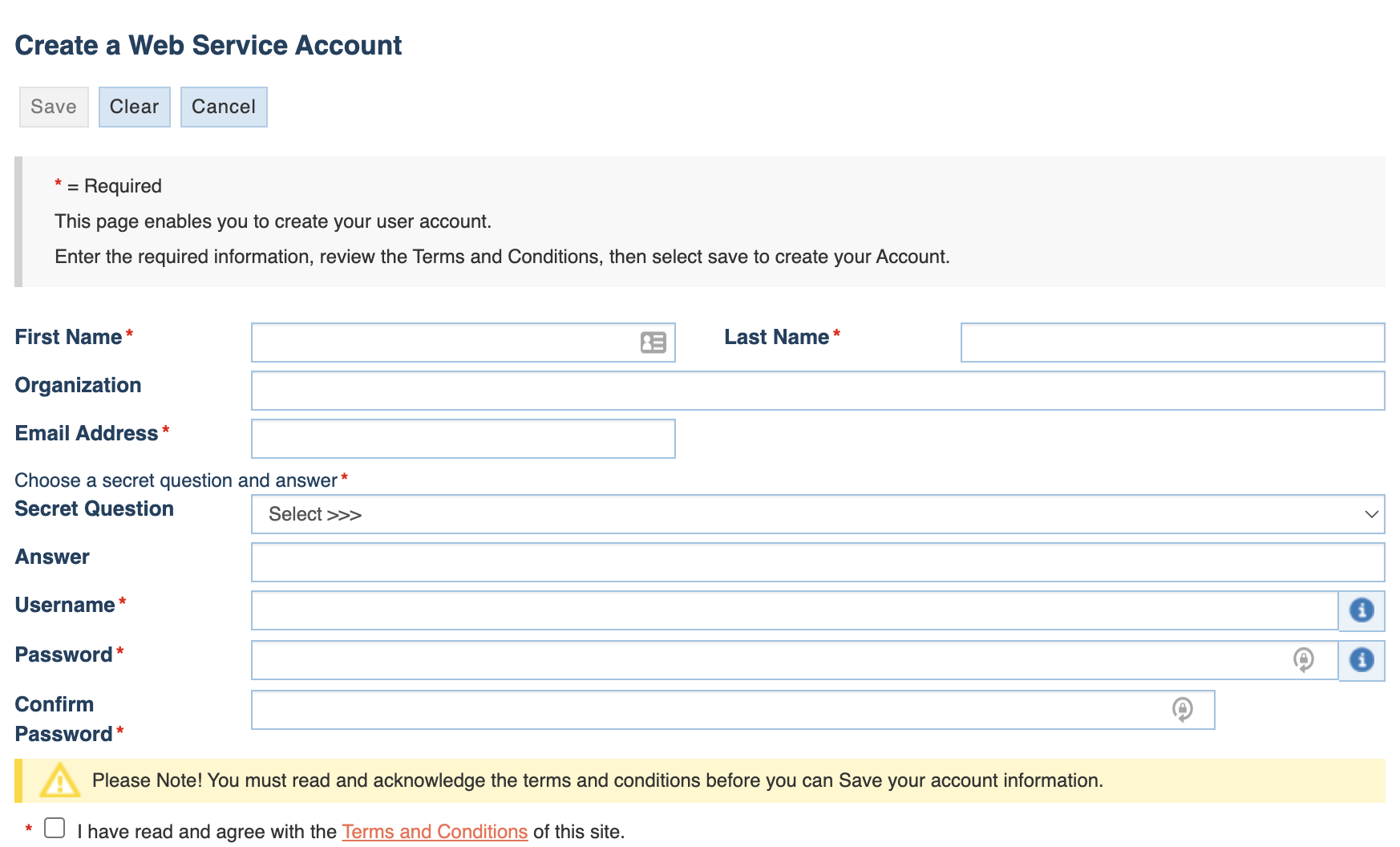 FFIEC CDR Public Web Service account creation form